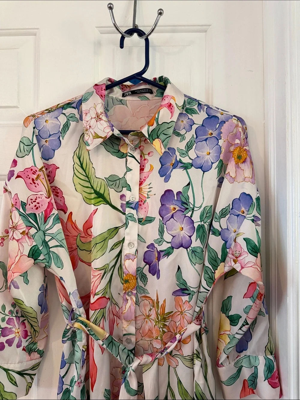 Zara Pink Floral Button-Up Flowy Polyester Dress Size Medium
